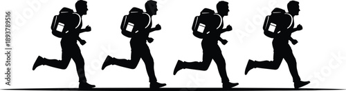 Running Man with Backpack Silhouette Vector Set, Active Male Figures Jogging in Sequence, Sports and Travel Outdoor Adventure Motion Graphics for Design Projects