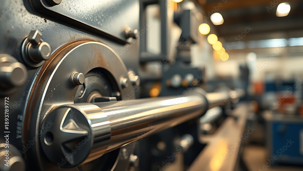 Fototapeta premium Close-up of industrial hydraulic machinery in action, highlighting metallic details and warm workshop ambiance.