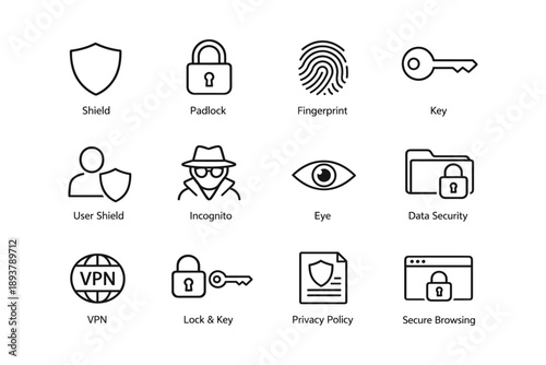 Security icons set: shield, padlock, fingerprint, key, privacy
