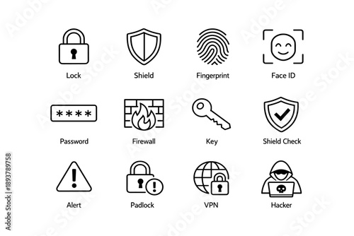 Security icons: lock, shield, fingerprint, face id, password, firewall