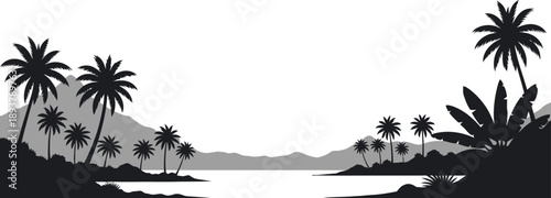 Tropical island silhouette with palm trees and ocean view