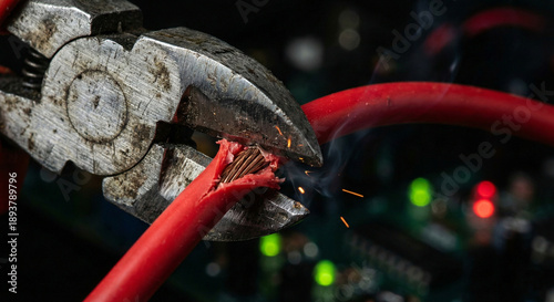 Wire Cutters Cutting Red Electric Cable with Sparks