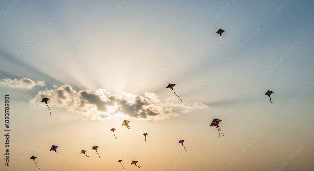 Obraz premium Colorful kites flying in the sky during sunset with clouds 