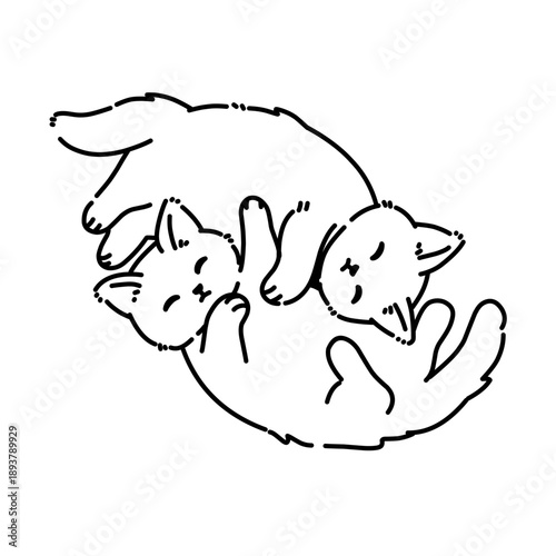 Adorable two cats cuddling together in playful black line art, expressing love, friendship, warmth, and comfort, ideal for cute illustrations, stickers, and pet themed designs.