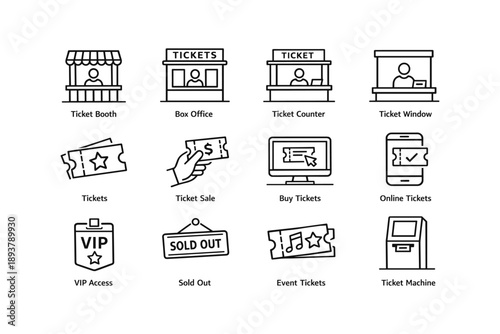 Icon set of ticket booths, sales, online purchases, and event access