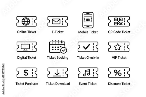 Various ticket icons: online, mobile, qr code, vip, discount