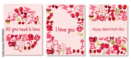 A set of three large-format Valentine poster cards with romantic texts. Features different flat design layouts: full frame, central circle, and top bottom borders. Ready for print and decor.