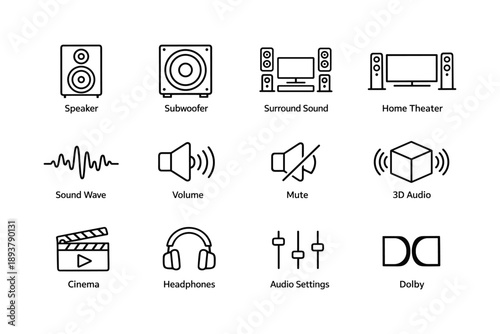 Audio and home theater icons: speaker, subwoofer, surround sound, headphones