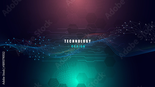 Futuristic technology design background with abstract wavy lines circuit board patterns and digital data plexus elements