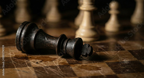Fotografía Fallen Black Chess King Piece on Wooden Board Checkmate
