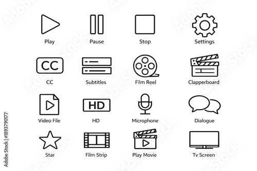 Media icons set: play, pause, clapperboard, tv screen, microphone, hd, film reel
