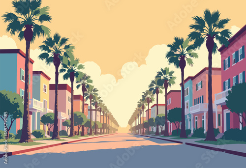 Rainbow Row Charleston depicted as flat pattern pastel houses palm trees Bathed warm, humid golden glow art