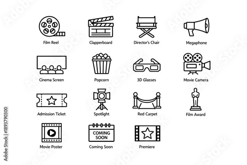 Film and cinema icons: film reel, clapperboard, director's chair, megaphone