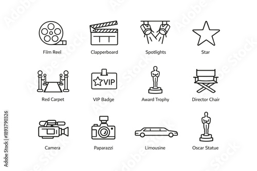 Cinema icons: film reel, clapperboard, star symbol, camera, red carpet, director chair
