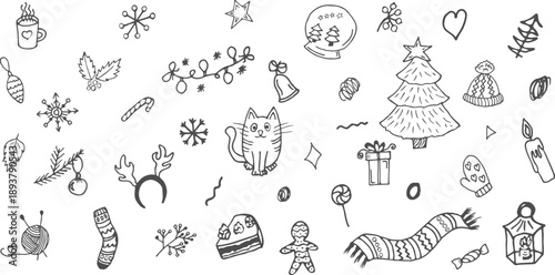 A cozy warm winter, a collection with warm clothes, a cat, sweets, plants and other enjoyable attributes