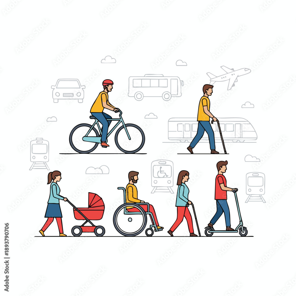 Fototapeta premium Diverse people using various modes of transportation