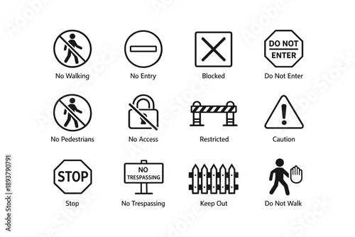 No entry warning signs collection with symbols and text