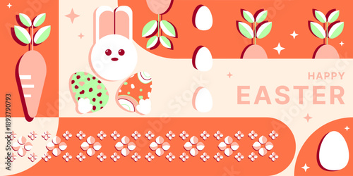 Happy Easter banner with a bunny, decorated eggs, and festive elements in modern style. Happy Easter design for holiday greetings, packaging, promotional , invitations, and festive templates. Vector
