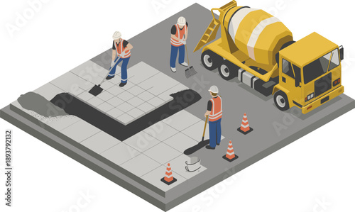 Isometric concrete pouring scene with construction workers leveling slab, cement mixer truck, building foundation work, industrial civil engineering illustration project