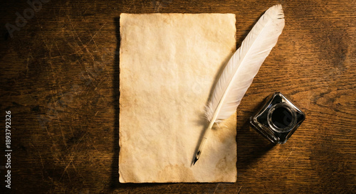 Schilderij op canvas Blank Old Parchment Paper with Feather Quill and Inkwell
