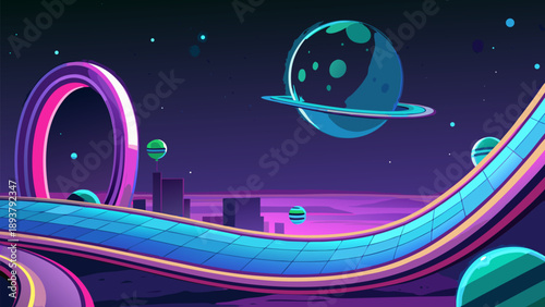 Vector illustration of a bright blue night sky landscape featuring a crescent moon and stars over a dark winter snow scene with festive Christmas holiday decorations