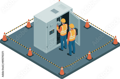 Isometric electrical maintenance scene with technicians servicing control cabinet, safety barriers, industrial power system inspection, infrastructure engineering illustration