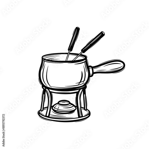 Fondue pot illustration in a hand-drawn style featuring a detailed design