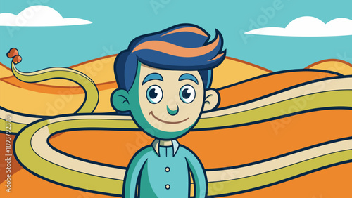 A funny cartoon illustration of a smiling businessman and a little boy as vector characters having fun in the desert