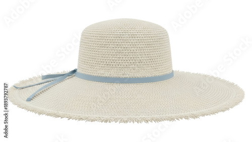 Isolated Summer straw hat with blue ribbon for women, accessory for sun protection outdoors