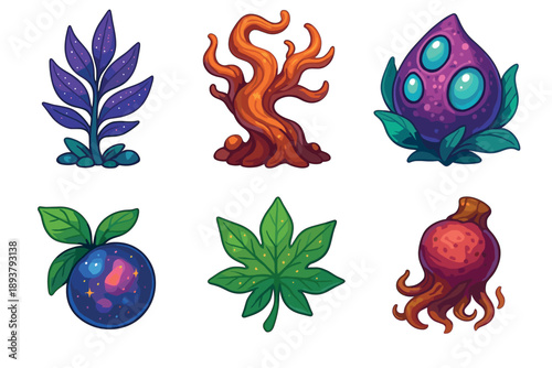 Set of six imaginative alien plants, magical fruits, and fantasy flora elements presented as a colorful cartoon illustration collection for creative world-building