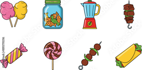 Cute food and candy icon set with cotton candy, jar sweets, blender, kebab skewers, lollipop and wrap illustration