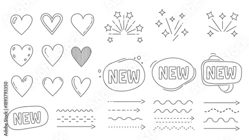 Hand drawn hearts stars and new labels with arrows and lines on white background