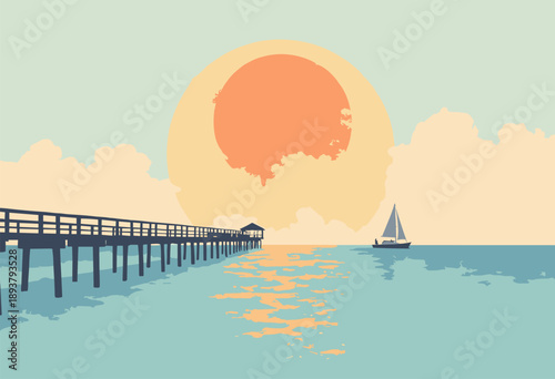 minimalist horizon line Key West featuring long wooden pier sailboat silhouette sun is giant orange circle sinking into ocean