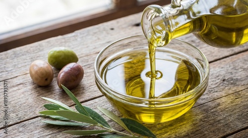 Golden extra virgin olive oil streams from a clear glass bottle into a small, transparent bowl, surrounded by fresh olives and verdant olive leaves on a rustic wooden surface.