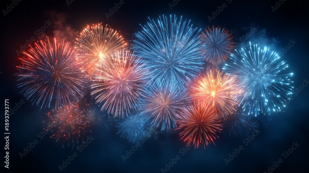 Fototapeta premium Colors dance across the dark sky as fireworks burst into life, illuminating the celebration below. Spectators gaze in awe at the radiant display during a magical evening