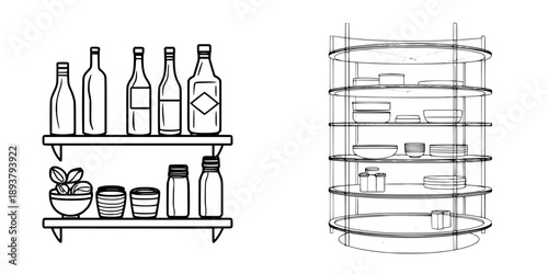 Elegant Line Art of a Rotating Pantry Shelf Clean