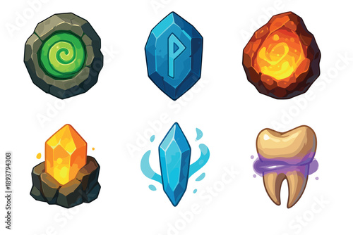 Six magical fantasy game asset icons featuring a runestone, glowing crystals, a fiery rock, a portal, and a tooth for a role-playing or strategy user interface