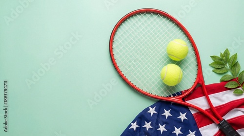 A vibrant red tennis racket with two bright yellow balls is neatly arranged alongside a folded American flag and some fresh green leaves on a pastel green background, offering ample copy space.