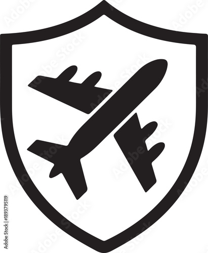 This minimalist black and white icon is a universal symbol used to represent security, protection, and reliability within the aviation and travel industries