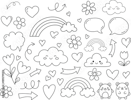 Whimsical doodle page with rainbows hearts and florals