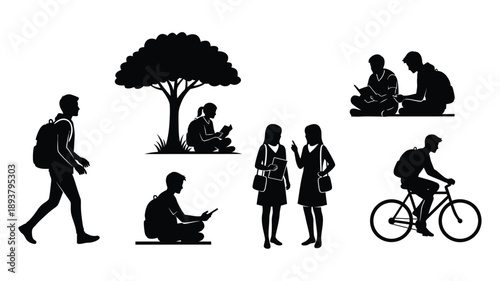 People interacting and moving amidst a tree depicted in black silhouette