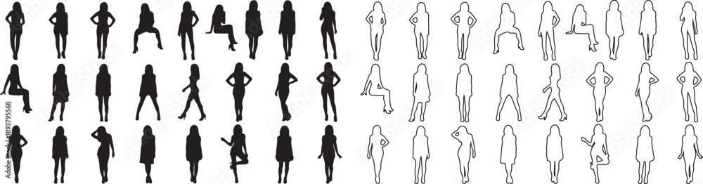 Fototapeta premium Set of diverse female people silhouettes and outline figures in various poses. Isolated vector illustration for design. isolated PNG with Transparent Background