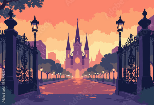 Jackson Square New Orleans stylized wroughtiron fence details foreground St Louis Cathedral rising against humid, hazy orange sunset