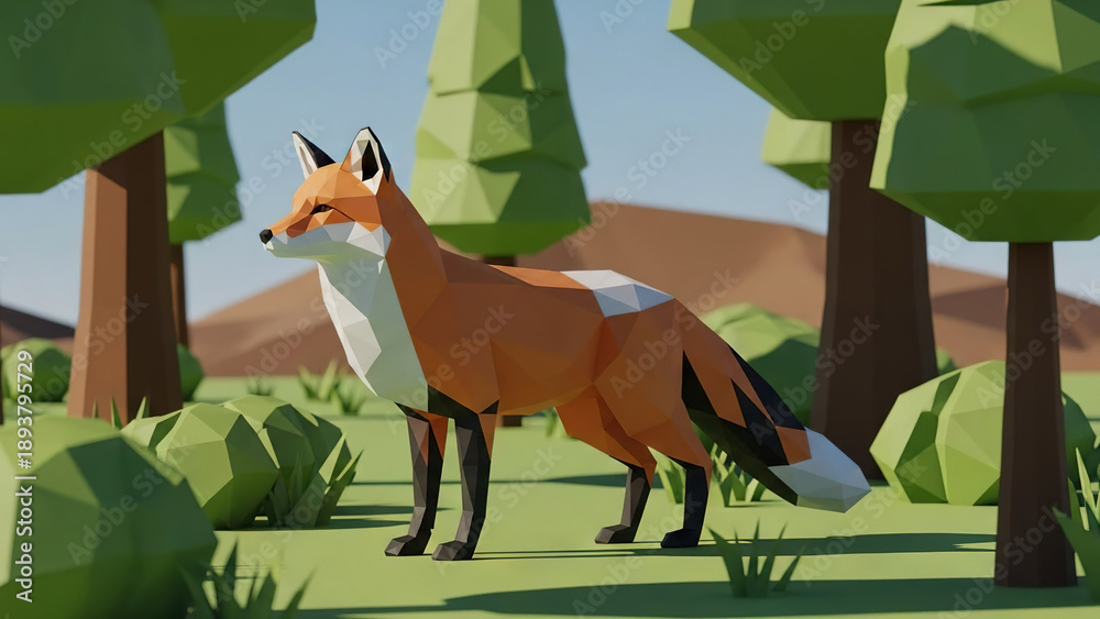 Fototapeta premium Fox walking through a low-poly forest scene