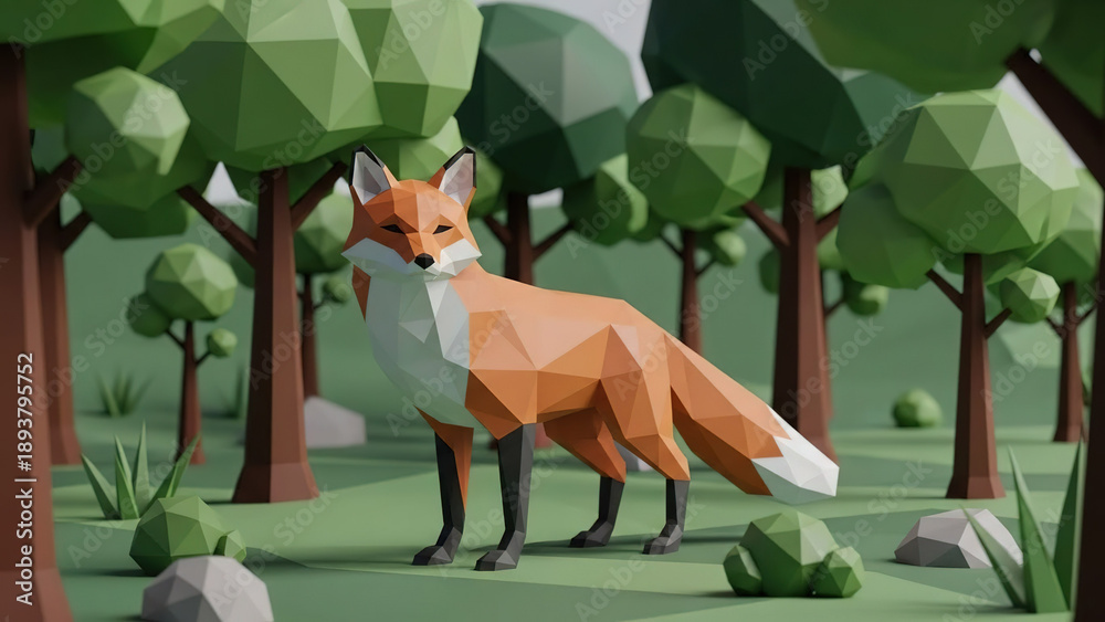 Fototapeta premium Fox walking in a low-poly forest with trees