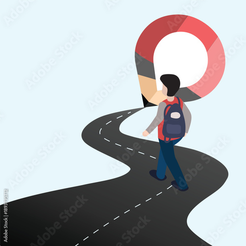 A symbolic vector illustration of a boy walking on a path drawn by a pencil, representing career guidance, growth, and future aspirations.