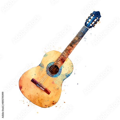 Guitar watercolor vector, hand-painted style, high-quality illustration isolated on white background.