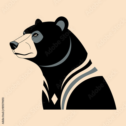 A black bear wearing a striped shirt is depicted in a graphic illustration from a side viewpoint