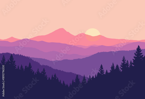 Great Smoky Mountains rendered as layers flat, semitransparent shapes shades purple, pink, orange fading into distance