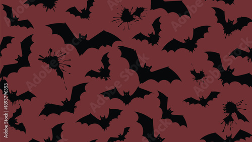 Multiple black bats flying on dark red background for halloween decoration